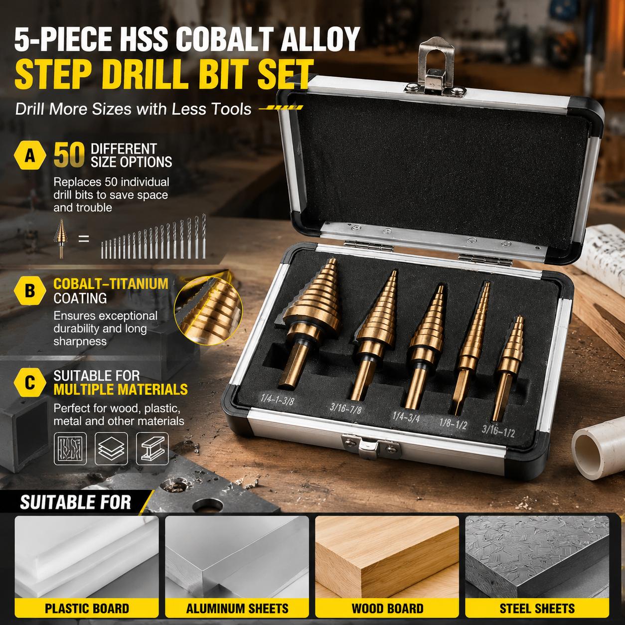 5-delige trapboorset HSS kobal - Step Drill Bit Set Titanium Hss Cobalt recensie en prijs